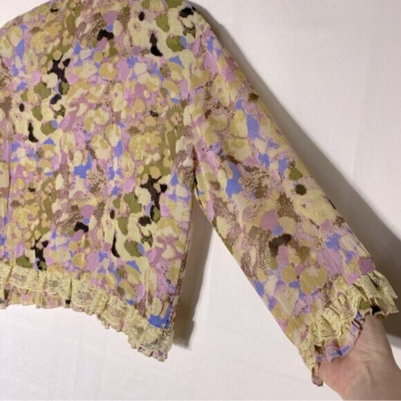 Lloyd Williams Yellow Purple Semi Sheer Abstract Print Button Up Mock Neck Top M - Picture 9 of 14